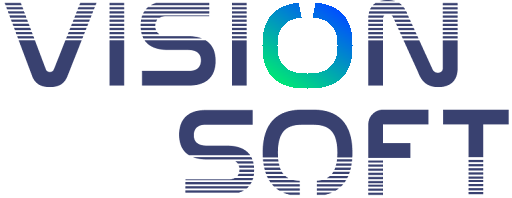 Logo for Vision Soft featuring a stylized wordmark with a gradient green-to-blue circular 'O' in 'VISION'