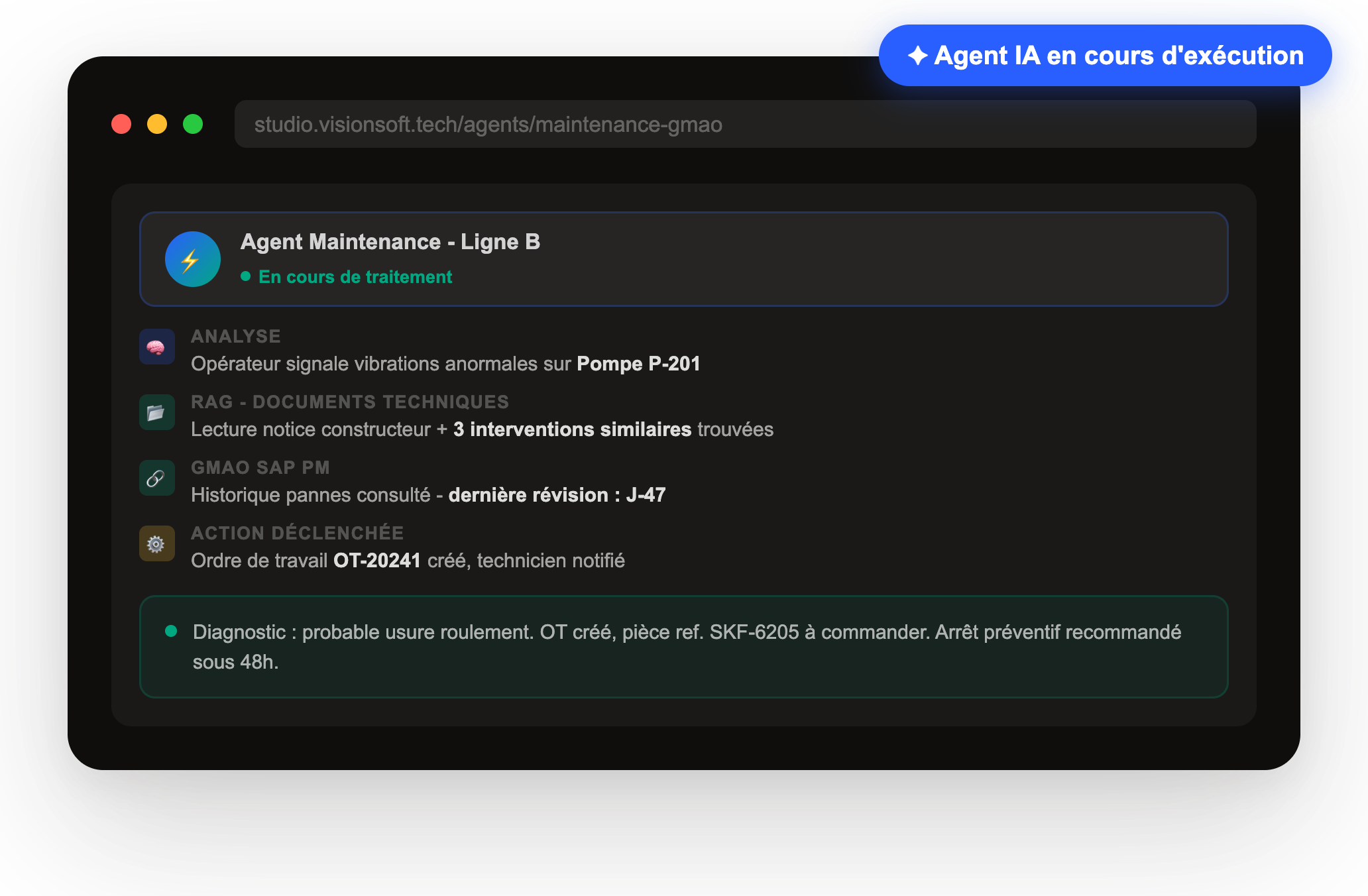 Interface Vision AI : un agent IA traite une alerte de maintenance, analyse le signalement, consulte la documentation technique et la GMAO SAP PM, puis cree automatiquement un ordre de travail
